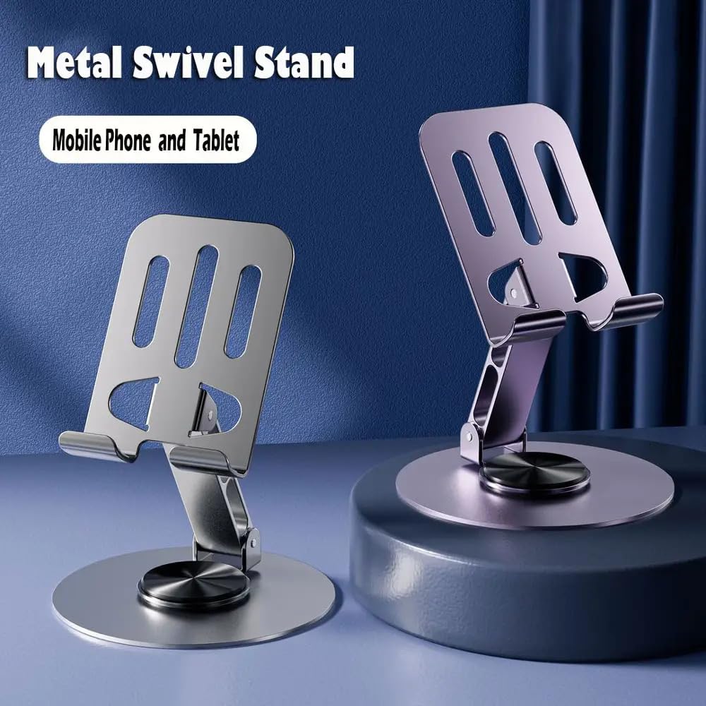 Aluminium Stand Portable Desktop Phone Stand 360° Rotatable and Foldable Cell Phone Holder Metal Base for Table & Bed Compatible with All Smartphones & Tablets