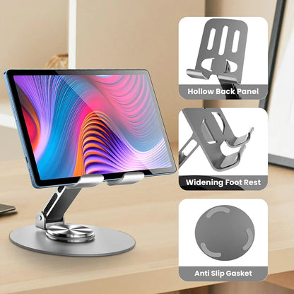 Aluminium Stand Portable Desktop Phone Stand 360° Rotatable and Foldable Cell Phone Holder Metal Base for Table & Bed Compatible with All Smartphones & Tablets