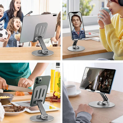 Aluminium Stand Portable Desktop Phone Stand 360° Rotatable and Foldable Cell Phone Holder Metal Base for Table & Bed Compatible with All Smartphones & Tablets