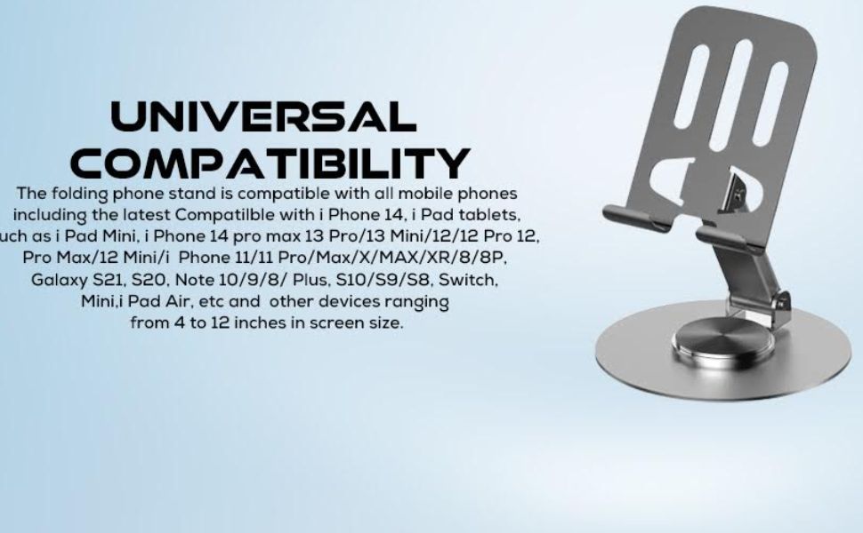 Aluminium Stand Portable Desktop Phone Stand 360° Rotatable and Foldable Cell Phone Holder Metal Base for Table & Bed Compatible with All Smartphones & Tablets