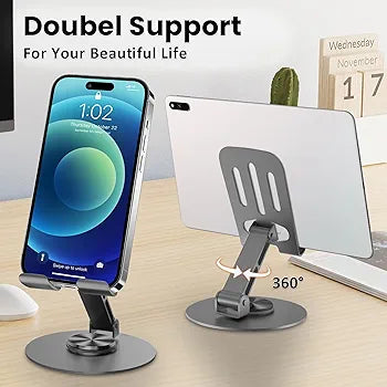 Aluminium Stand Portable Desktop Phone Stand 360° Rotatable and Foldable Cell Phone Holder Metal Base for Table & Bed Compatible with All Smartphones & Tablets
